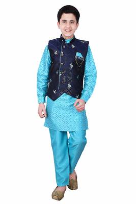 Blue printed cotton silk boys-kurta-pyjama 1