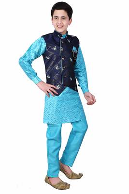 Blue printed cotton silk boys-kurta-pyjama 2