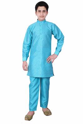 Blue printed cotton silk boys-kurta-pyjama 3