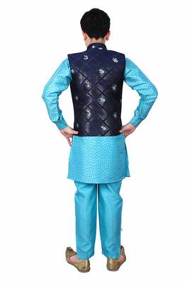 Blue printed cotton silk boys-kurta-pyjama 4