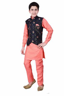 Pink printed cotton silk boys-kurta-pyjama 1