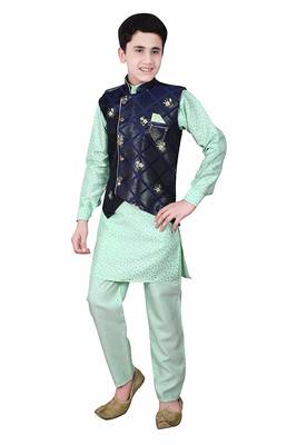 Green printed cotton silk boys-kurta-pyjama 2