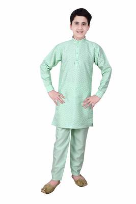 Green printed cotton silk boys-kurta-pyjama 3