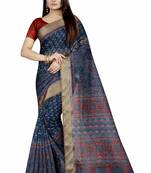 Golden Border Blue Printed Cotton Saree 