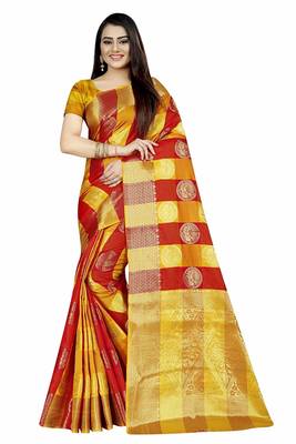Women's Banarasi Silk  Gold Red Round Buuti Sari  1