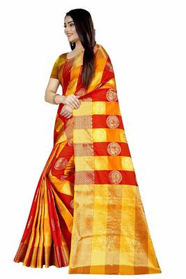 Women's Banarasi Silk  Gold Red Round Buuti Sari  2
