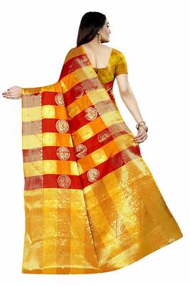 Women's Banarasi Silk  Gold Red Round Buuti Sari  3