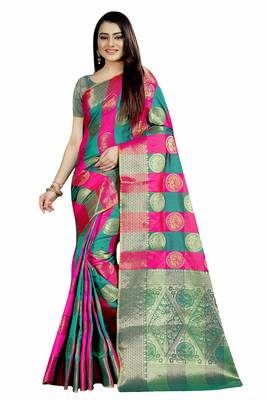 Women's Banarasi Silk Rama Pink Round Buuti Sari  1