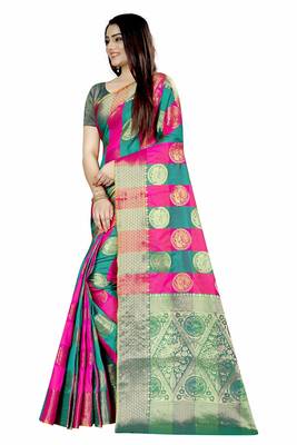 Women's Banarasi Silk Rama Pink Round Buuti Sari  2