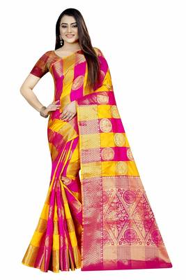 Women's Banarasi Silk Pink Yellow Round Buuti Sari  1