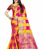 Women's Banarasi Silk Pink Yellow Round Buuti Sari 