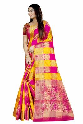 Women's Banarasi Silk Pink Yellow Round Buuti Sari  2