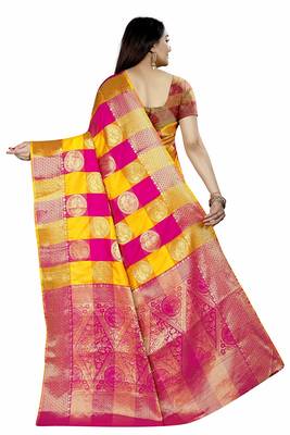 Women's Banarasi Silk Pink Yellow Round Buuti Sari  3