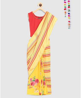 yellow pre stitched saree in 2 prints 1