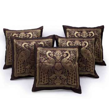 Peacock Design Brown Brocade 5Pc Cushion Cover Set 1