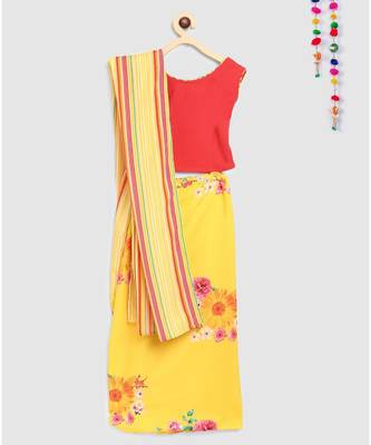yellow pre stitched saree in 2 prints 2