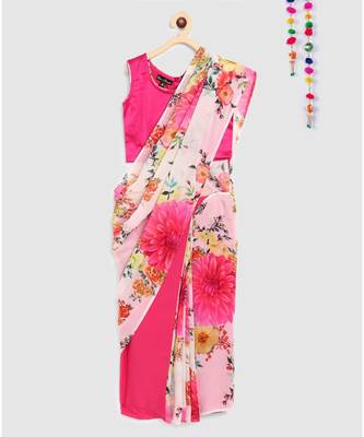 pink pre stitched saree in 2 prints 1