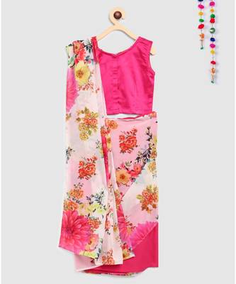 pink pre stitched saree in 2 prints 2