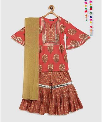 pink block printed kurta with sharara 1