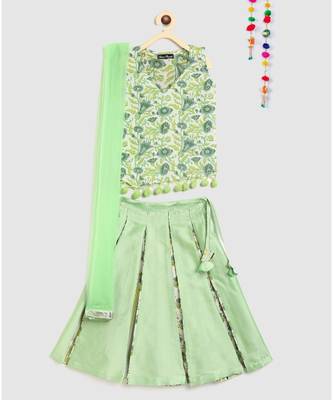 green block print choli with multi print lehnga 1