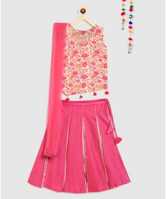 pink block print choli with multi print lehnga 1
