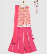 pink block print choli with multi print lehnga