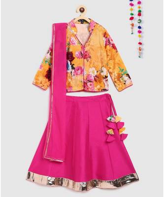 yellow velvet printed choli with contrast lehnga 1