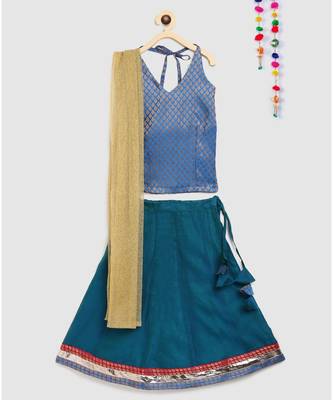 blue plain chanderi lehnga with brocade halter neck choli 1