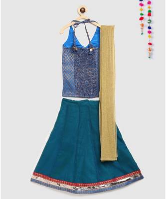 blue plain chanderi lehnga with brocade halter neck choli 2