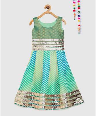green girls long dress in brocade and kota doria 1
