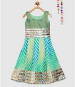 green girls long dress in brocade and kota doria