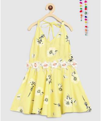 yellow rayon printed knee length dress 1