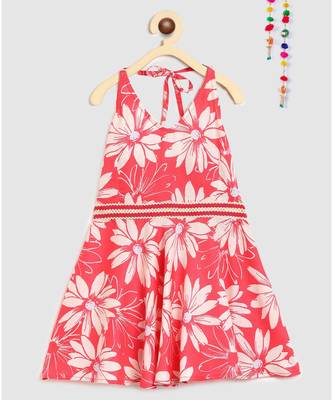 pink rayon printed knee length dress 1