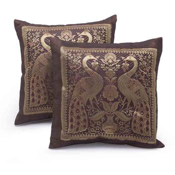 Peacock Design Brocade 2 Pc. Cushion Covers Set 1