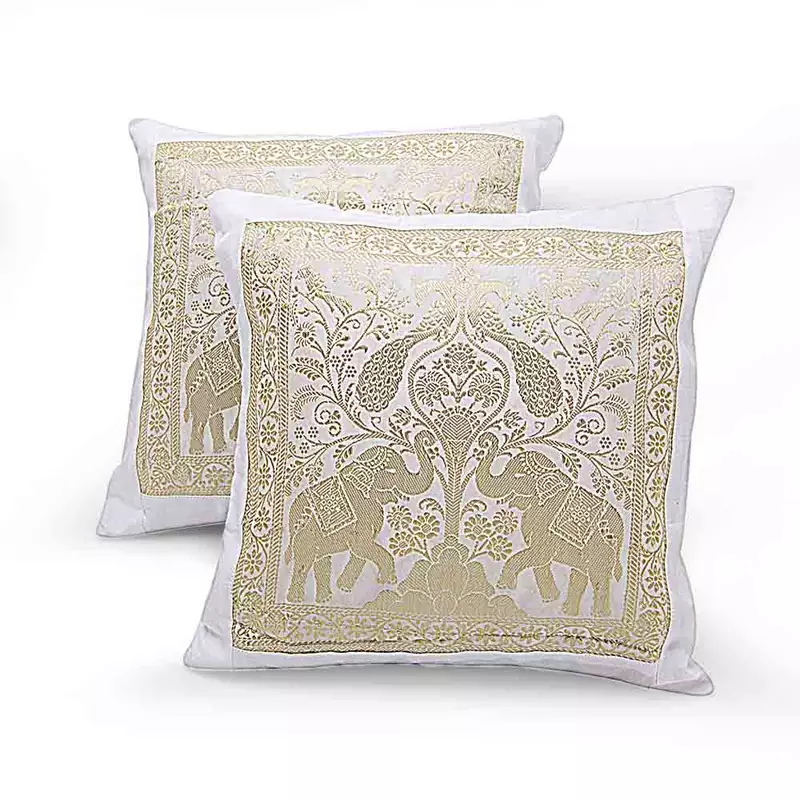 Dual Peacocks N Elephants 2 Pc. Cushion Covers Set