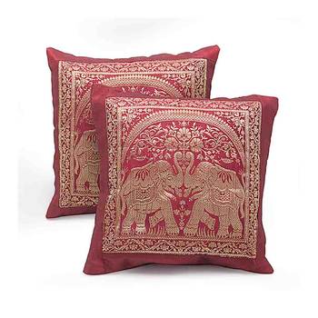 Dual Elephant Design 2 Pc Maroon Cushion Cover Set 1