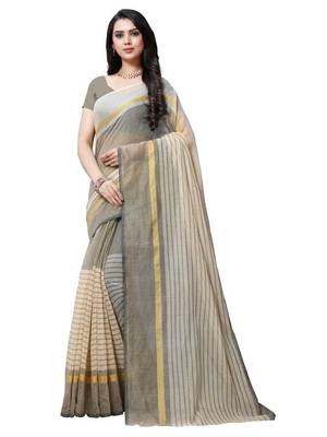 grey striped print cotton saree with blouse 1