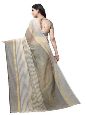 grey striped print cotton saree with blouse 2