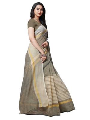 grey striped print cotton saree with blouse 3