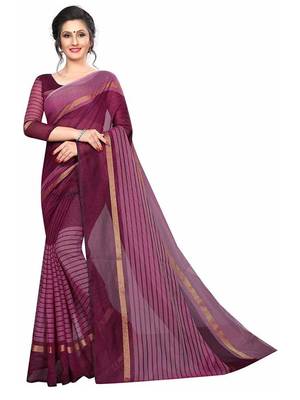 Maroon striped print cotton saree with blouse 1