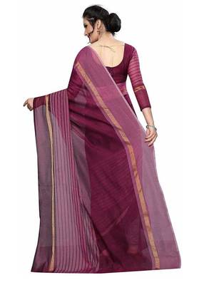 Maroon striped print cotton saree with blouse 2