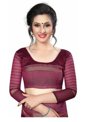 Maroon striped print cotton saree with blouse 4
