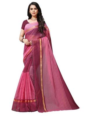 Pink striped print cotton saree with blouse 1