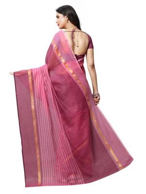 Pink striped print cotton saree with blouse 2