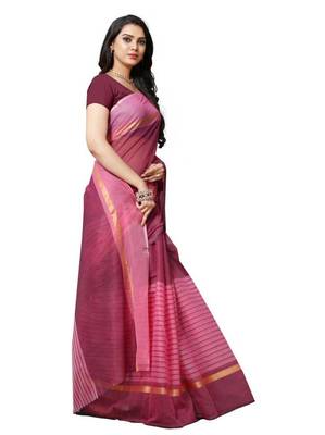 Pink striped print cotton saree with blouse 3