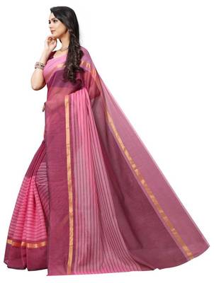 Pink striped print cotton saree with blouse 4
