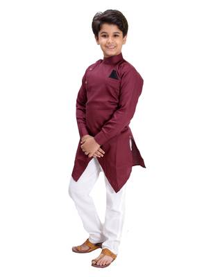 Maroon plain cotton silk boys-kurta-pyjama 4