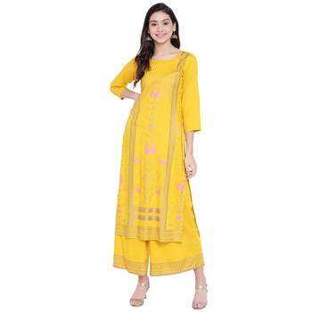 Yellow printed rayon kurtas-and-kurtis 6