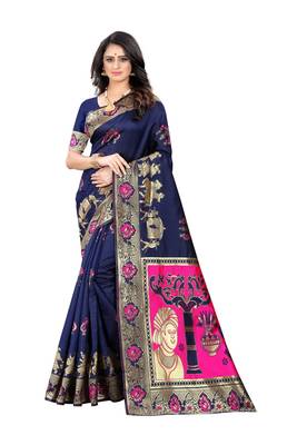 Navy Blue Woven Jacquard Saree With Blouse 1