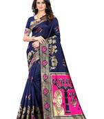 Navy Blue Woven Jacquard Saree With Blouse